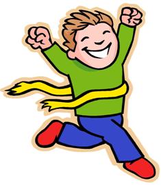 Joyful cartoon boy in green shirt and blue pants leaping with arms up, yellow ribbon trailing behind.