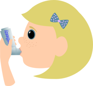 Young girl with blonde hair using a blue asthma inhaler, wearing a polka-dot bow.