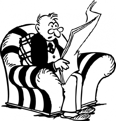 A cartoon man with glasses and a mustache sits in a striped armchair, reading a newspaper.
