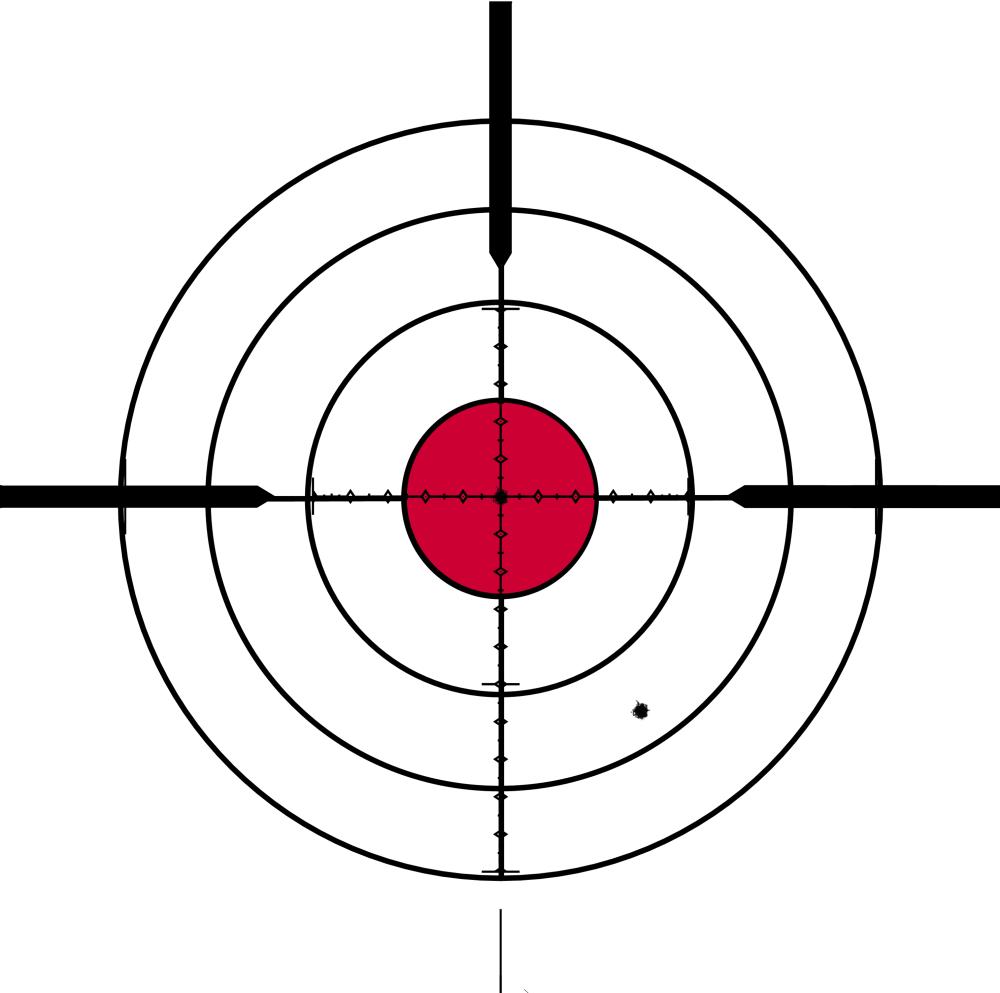 Red bullseye target with black concentric rings, crosshairs, and a single bullet hole outside the center.