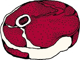 Illustration of a raw, marbled steak cut with bone and fat trim, stylized in red and white.