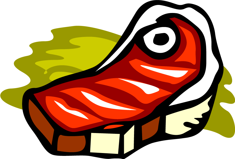 Stylized cartoon illustration of a raw steak with marbling, fat cap, and green leafy background.