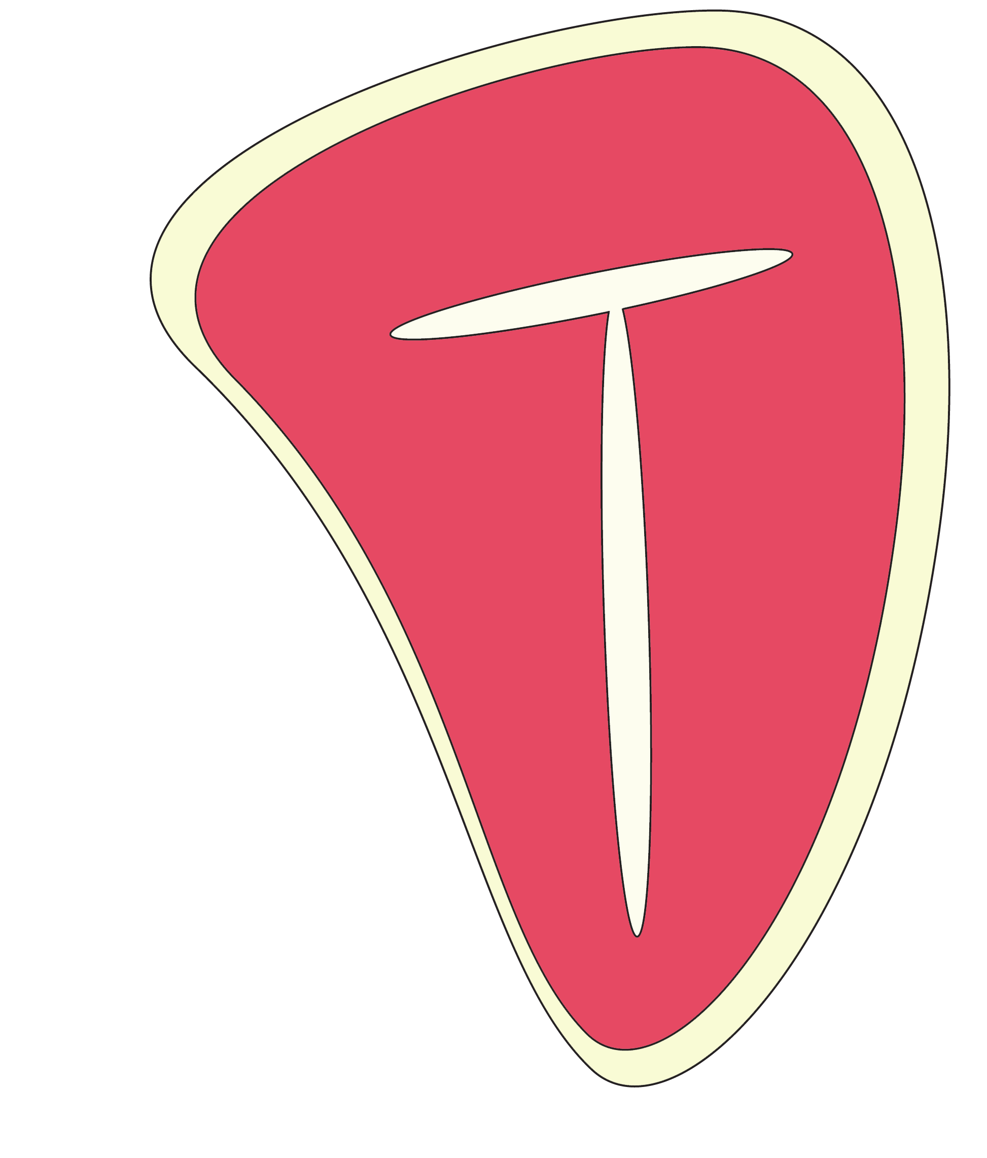 Stylized illustration of a T-bone steak with red meat and cream-colored bone and fat marbling.