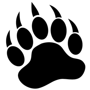 Black bear paw print silhouette with five toes and sharp claws on white background.