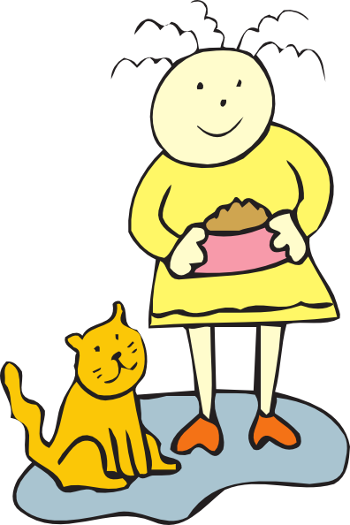 A smiling person in a yellow dress holds a pink bowl of cat food while a happy orange cat sits beside them on a blue mat.