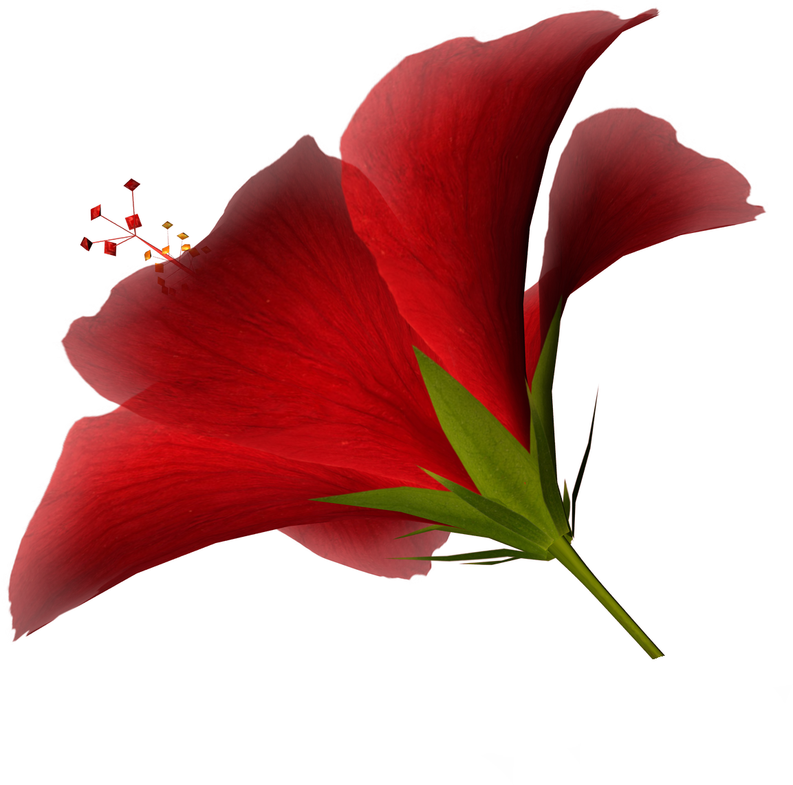 Vibrant red hibiscus flower with green sepals and stylized geometric stamen against deep red background.
