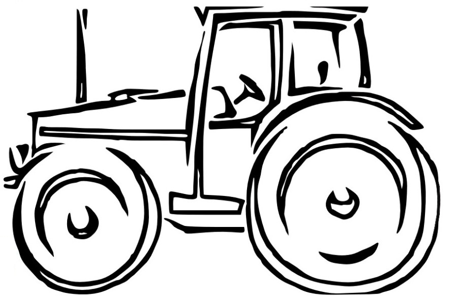 Black-and-white line drawing of a classic farm tractor with large rear wheels and cabin.