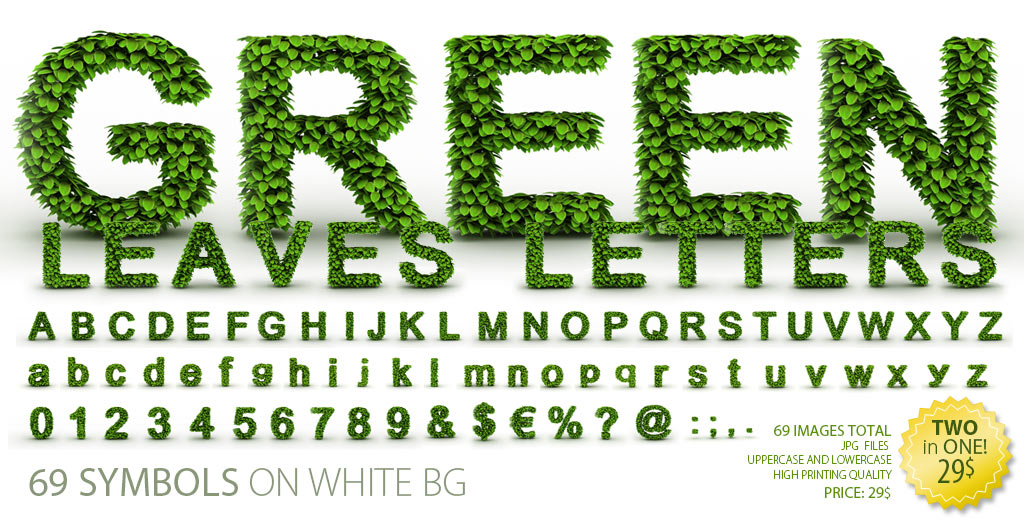 "GREEN LEAVES LETTERS" formed from lush green foliage, with full alphabet, numbers, and symbols on white background.