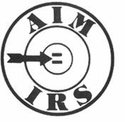Circular logo with "AIM IRS" text surrounding concentric circles and a left-pointing arrow targeting an equals sign at the center.