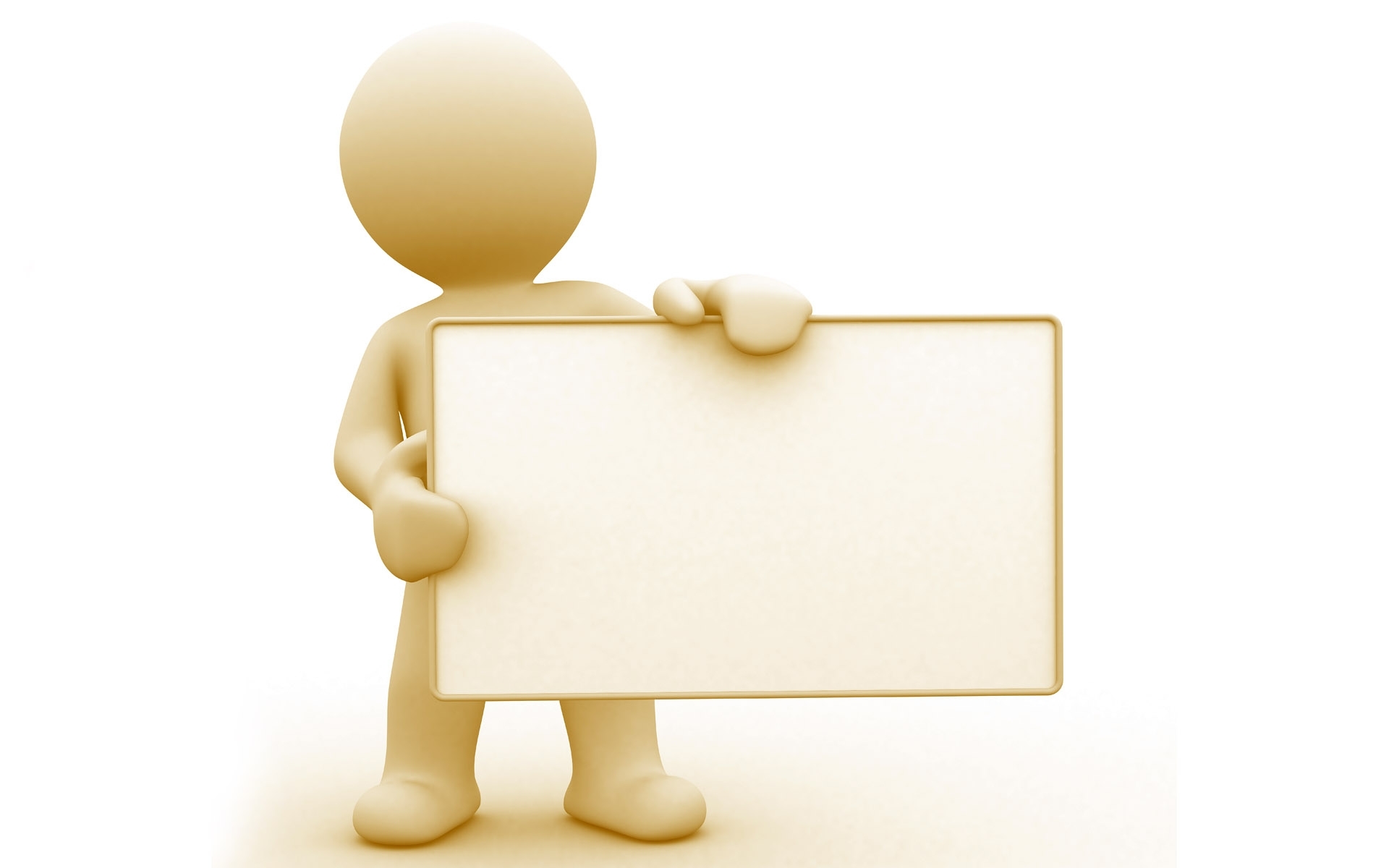 Beige 3D figure holding a blank rectangular sign against white background.