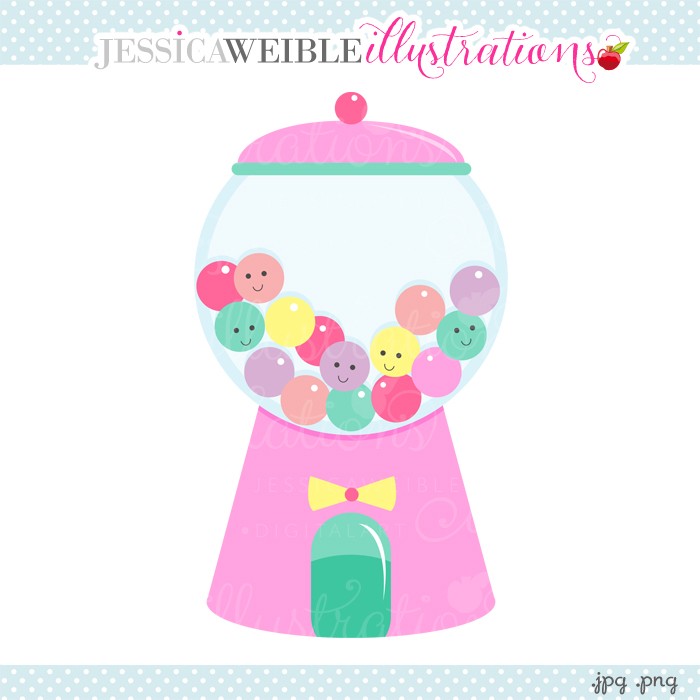 Pink gumball machine filled with colorful smiling gumballs, illustrated in cute vector style.