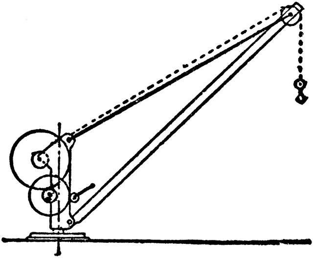 Line drawing of a simple crane with boom, pulley system, and winch mechanism for lifting loads.