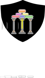 A symbolic illustration of three pillars supporting colorful ovals with a central yellow cross, representing foundational spiritual or philosophical concepts.