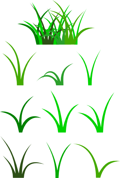 Collection of green grass vector illustrations in various shapes and sizes on white background.