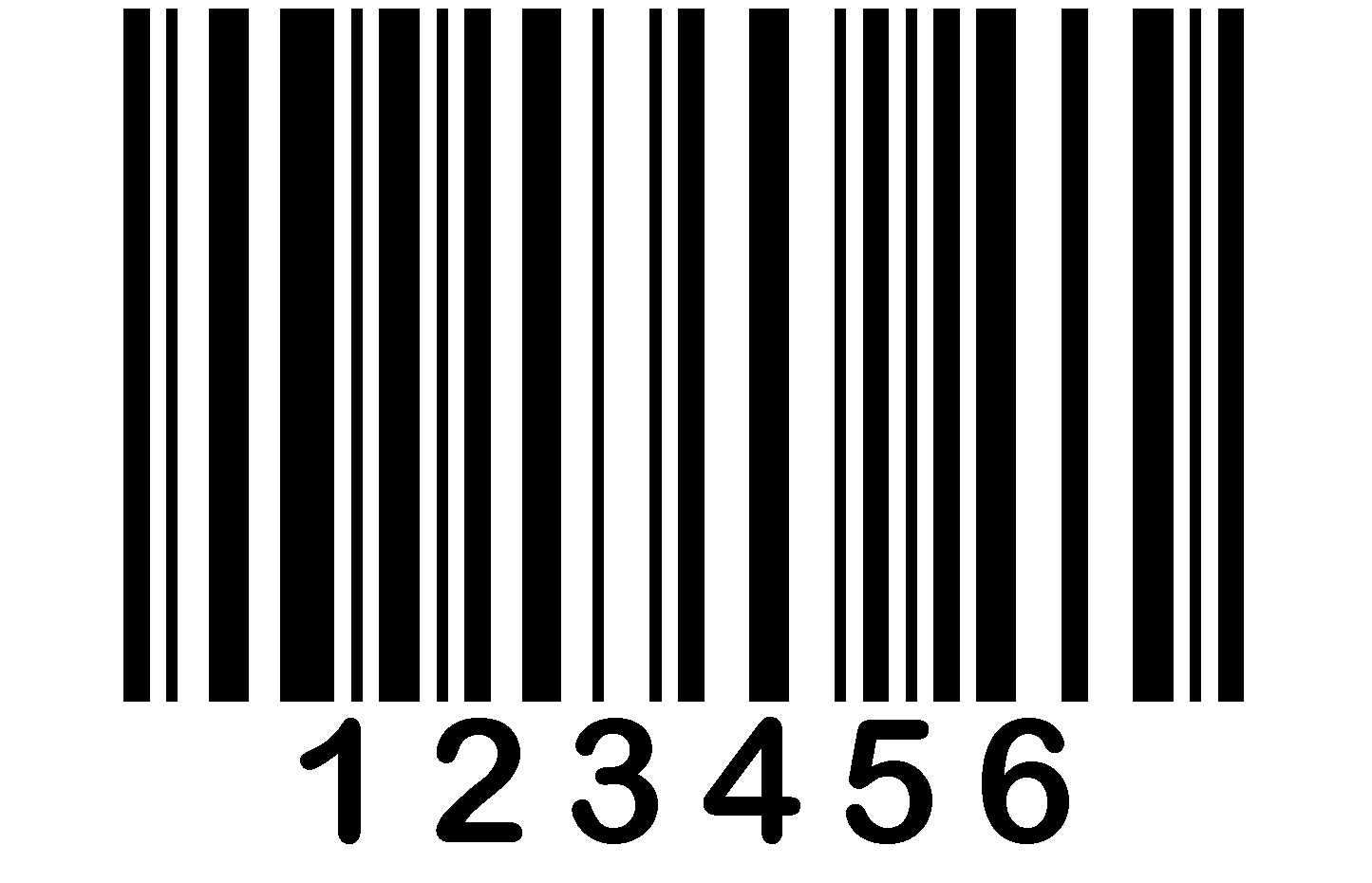 Black-and-white barcode with numeric digits 123456 beneath vertical bars on white background.