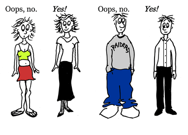 Cartoon illustrating fashion faux pas vs. correct outfit pairings with "Oops, no." and "Yes!" labels.