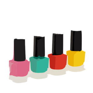 Four vibrant nail polish bottles in pink, teal, red, and yellow with black caps, arranged in a row on a white background.