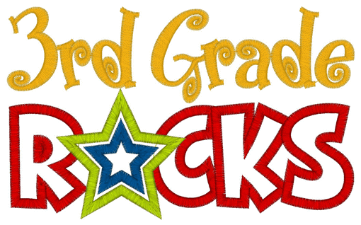 "3rd Grade Rocks" embroidered-style graphic with yellow script, red block letters, and a blue star with green outline.