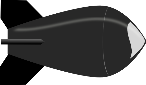 Black cartoon-style bomb with fins and nose cone, isolated on white background.