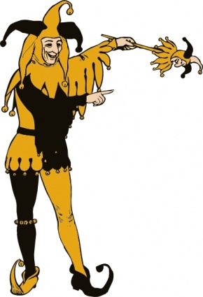 A cheerful jester in a yellow and black costume with a pointed hat, holding a scepter topped with a miniature jester head.