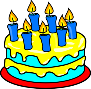 Two-tier birthday cake with yellow and blue frosting, topped with eight lit blue candles on a red plate.