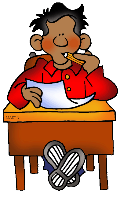A cartoon boy named Martin sits at a desk, chewing a pencil while reviewing a paper, with sneakers under the desk.