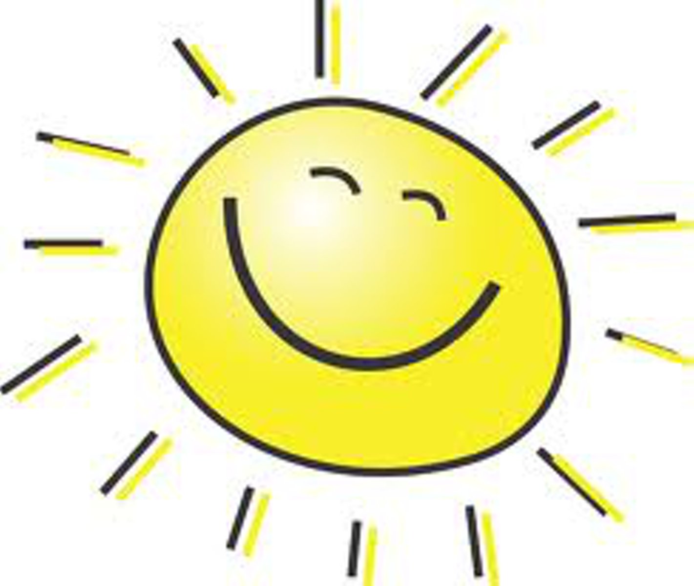 Cheerful yellow smiling sun with black and yellow rays on white background
