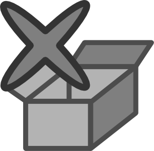 Open cardboard box with a large gray X symbol overlaid, indicating cancellation or removal.