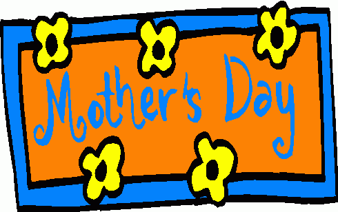 Hand-drawn "Mother's Day" sign with blue cursive text on orange background, framed in blue and decorated with four yellow flowers.