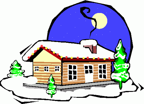 Cozy log cabin in snow at night with glowing windows, Christmas lights, and a full moon overhead.
