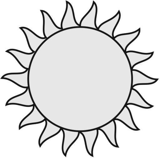 Simple black-and-white line drawing of a sun with 16 flame-like rays and a gray circular center.