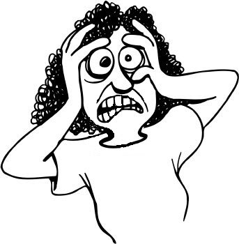 Cartoon woman with curly hair clutching her head in panic or stress, wide eyes and open mouth showing distress.