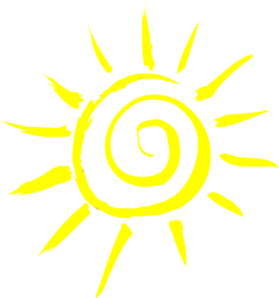 Hand-drawn yellow sun with spiral center and jagged rays on black background.