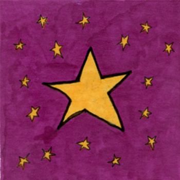 A large yellow star with a black outline centered on a textured purple background, surrounded by smaller yellow stars.