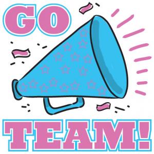 Blue megaphone with star pattern and bold pink "GO TEAM!" text, conveying energetic team spirit and celebration.