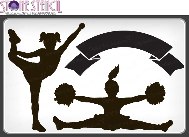 Silhouette of two cheerleaders in dynamic poses with pom-poms and a blank banner, ideal for custom designs.