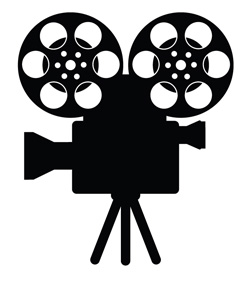 Black silhouette of a classic film camera with dual reels on a tripod, symbolizing cinema and filmmaking.