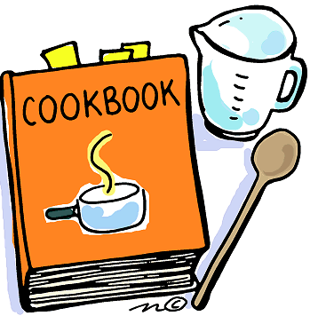 Orange cookbook with steaming pot illustration, beside a measuring cup and wooden spoon.