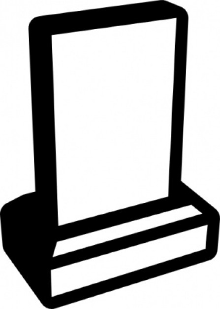 Black-and-white line drawing of a vertical tablet or smartphone stand holding a blank screen.