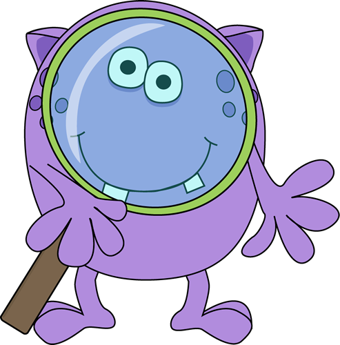 Purple cartoon monster with big eyes holding a magnifying glass, smiling cheerfully.