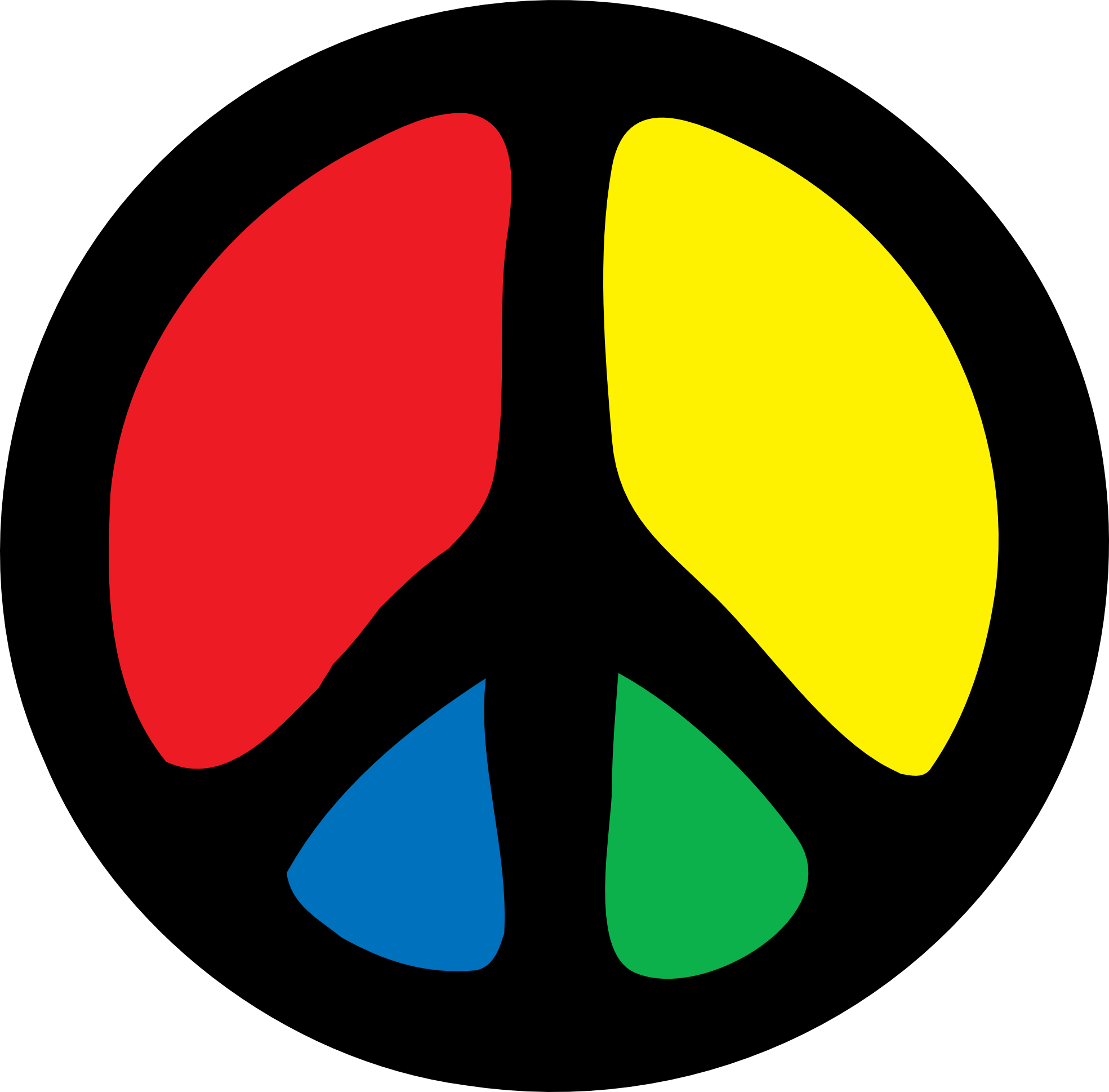 Colorful peace symbol with red, yellow, blue, and green segments on black background.