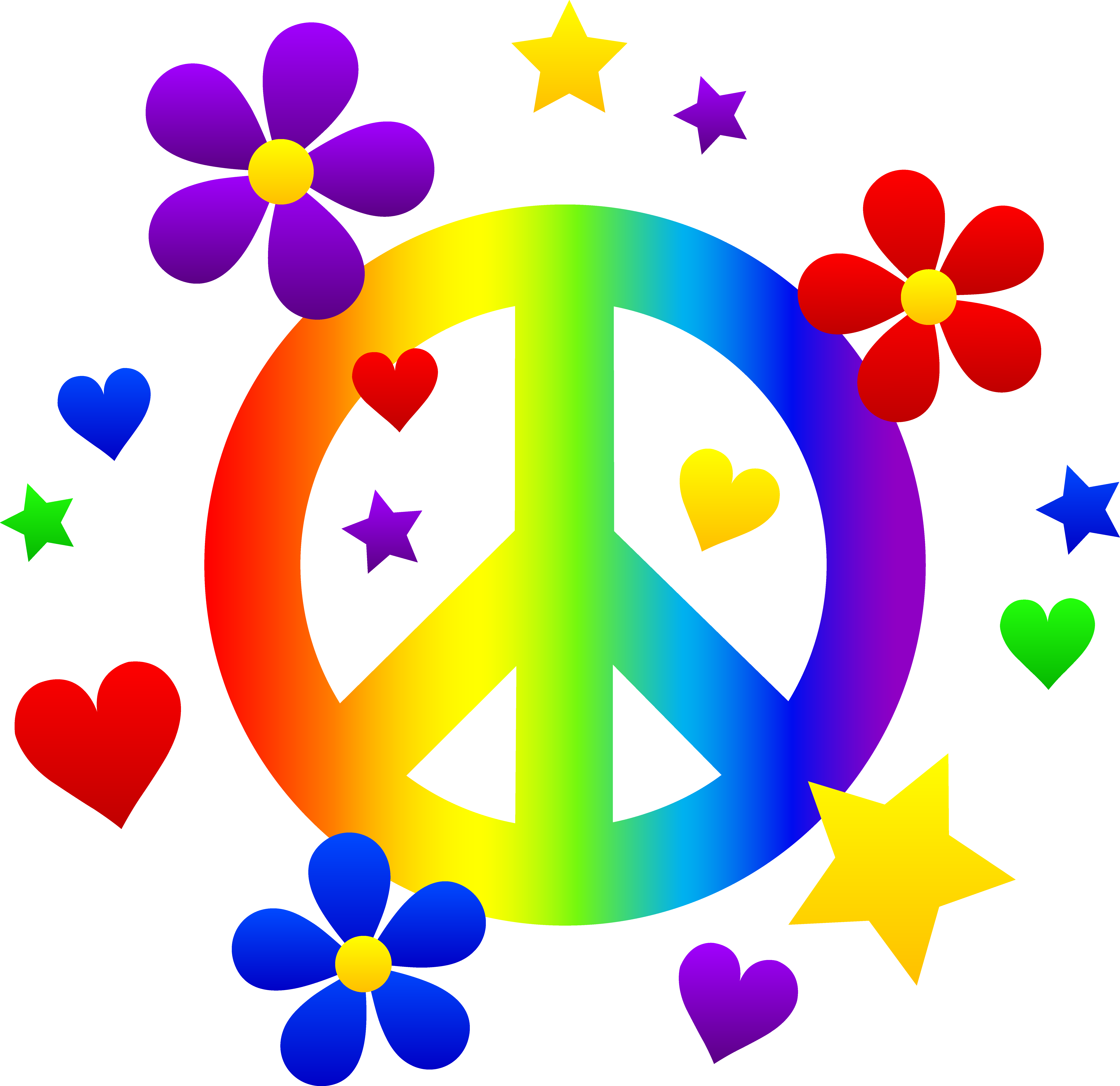 Rainbow peace symbol surrounded by colorful flowers, hearts, and stars on white background.