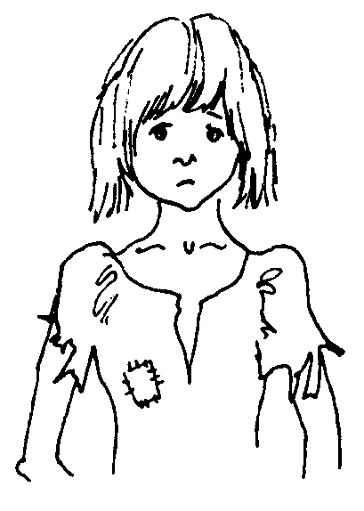 Sketch of a young girl with shoulder-length hair, wearing a torn shirt with visible patches and a worried expression.