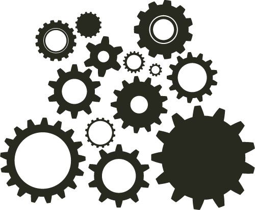 Black gear icons of various sizes arranged in a scattered pattern on white background, symbolizing machinery, engineering, or system integration.