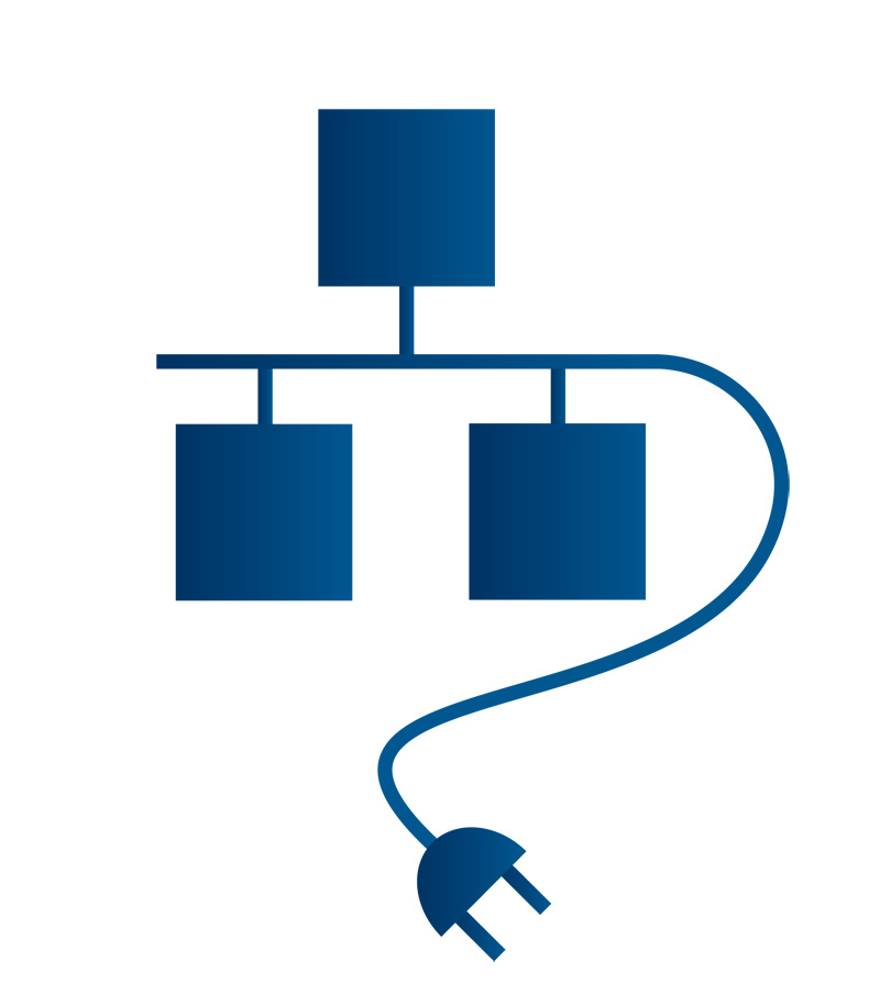 Blue abstract diagram showing connected blocks and a plug, symbolizing system integration or power flow.