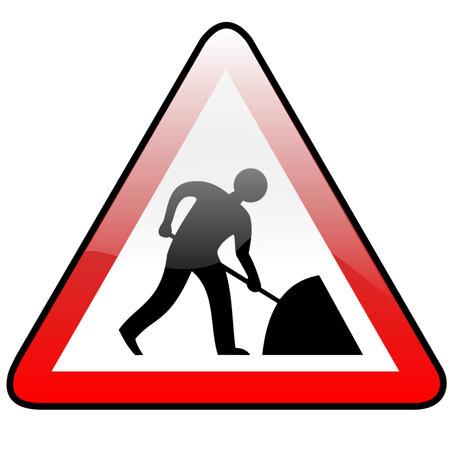 Red-bordered triangular road sign showing a worker shoveling, indicating road work ahead.