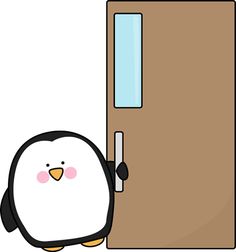 A cute cartoon penguin with rosy cheeks stands beside a brown door, holding the handle as if about to enter.
