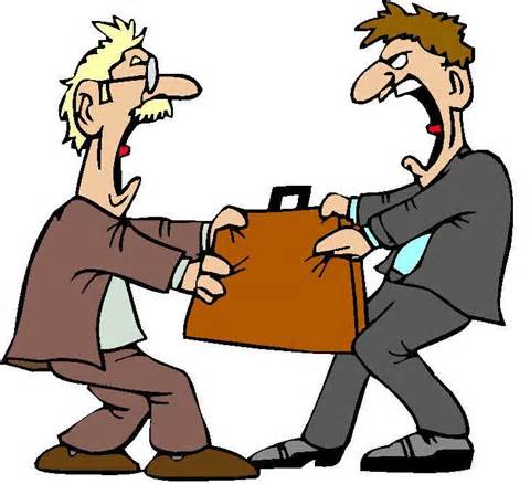 Two cartoon businessmen激烈争抢一个公文包, both shouting angrily.
