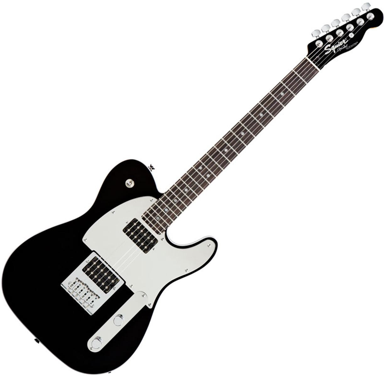 Black Squier Telecaster electric guitar with white pickguard, rosewood fretboard, and chrome hardware on white background.