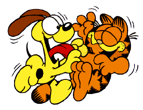 Garfield the orange cat playfully wrestling with his yellow dog friend Odie in a cartoon-style illustration.